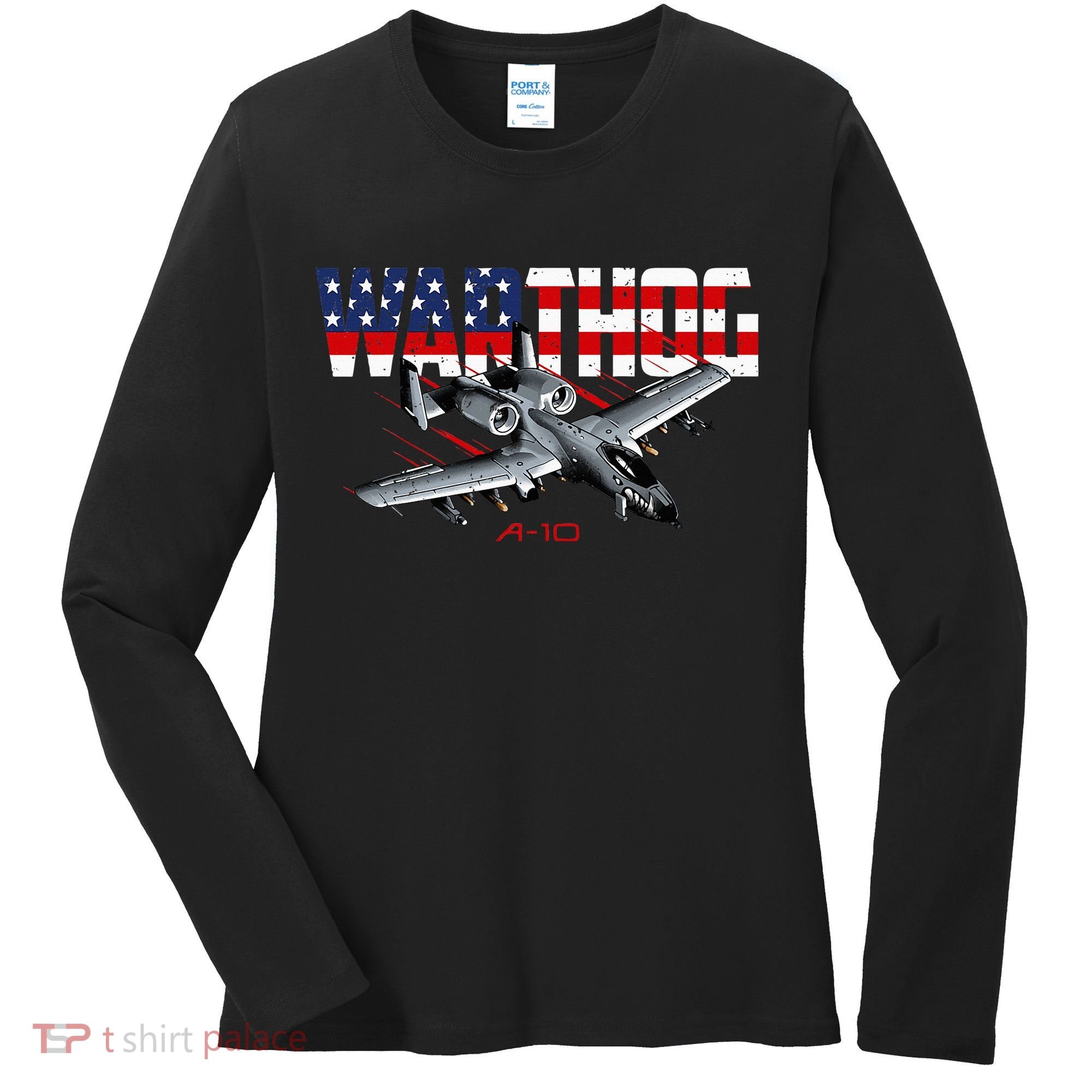 Military Airplane A10 Warthog American Flag Women's Long Sleeve Shirt