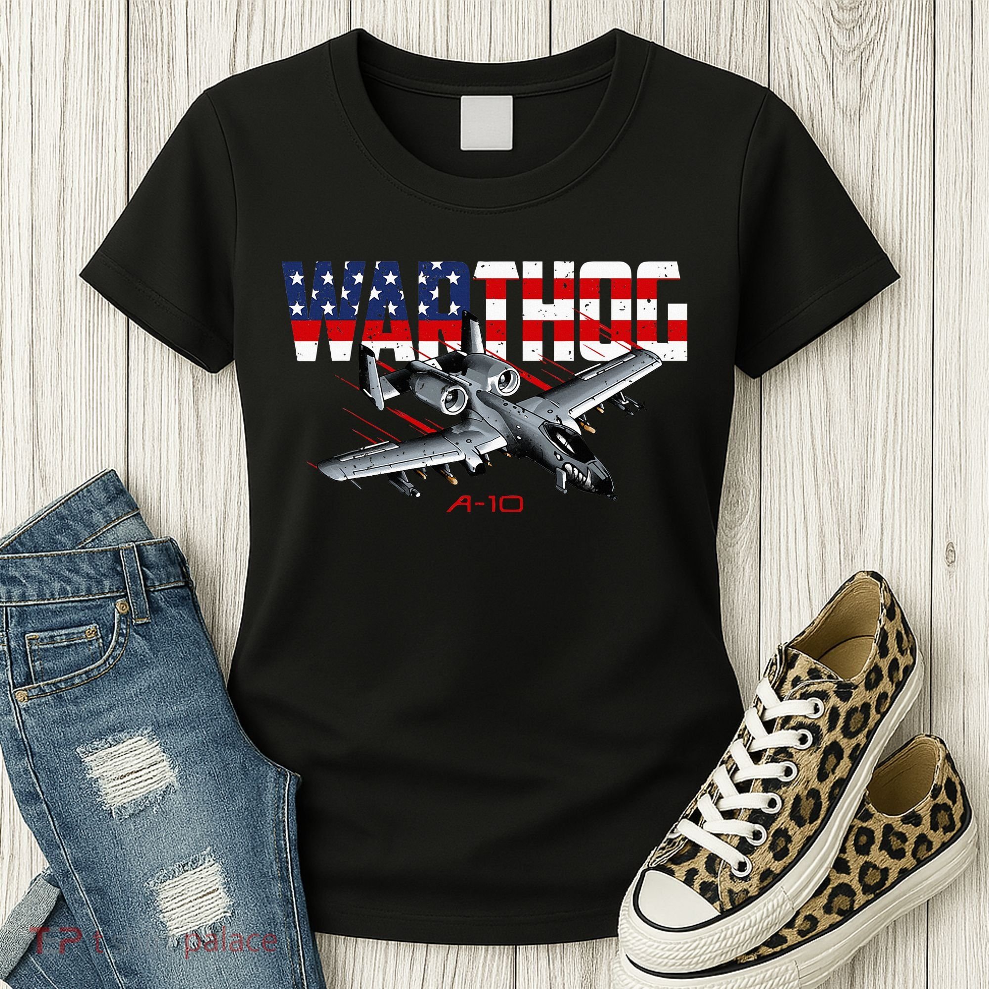 Military Airplane A10 Warthog American Flag Women's T-Shirt