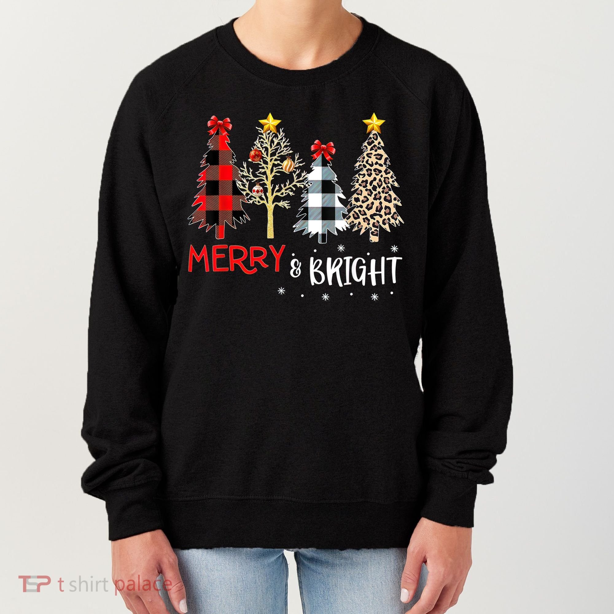 Merry And Bright Women Funny Leopard Plaid Christmas Trees Women's Sweatshirt