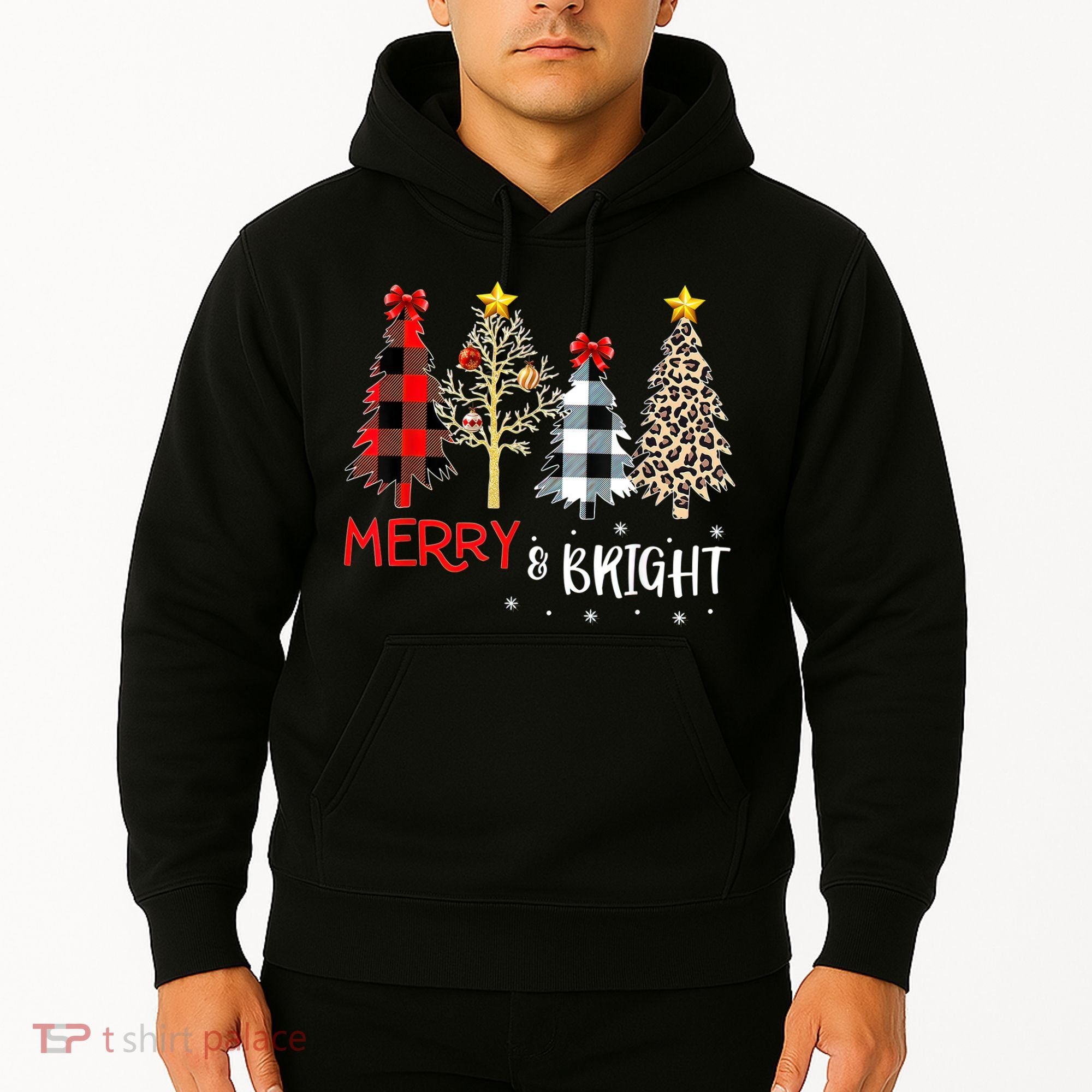 Merry And Bright Women Funny Leopard Plaid Christmas Trees Hoodie
