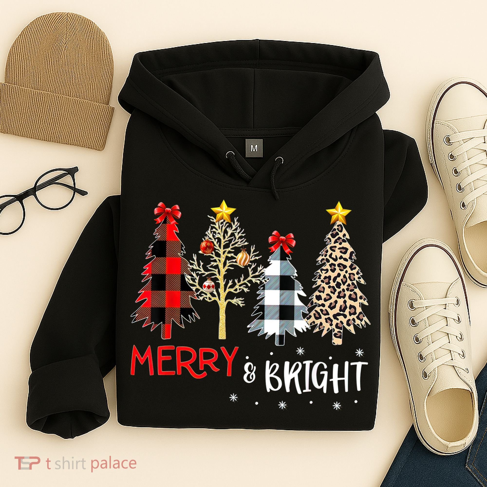 Merry And Bright Women Funny Leopard Plaid Christmas Trees Hoodie