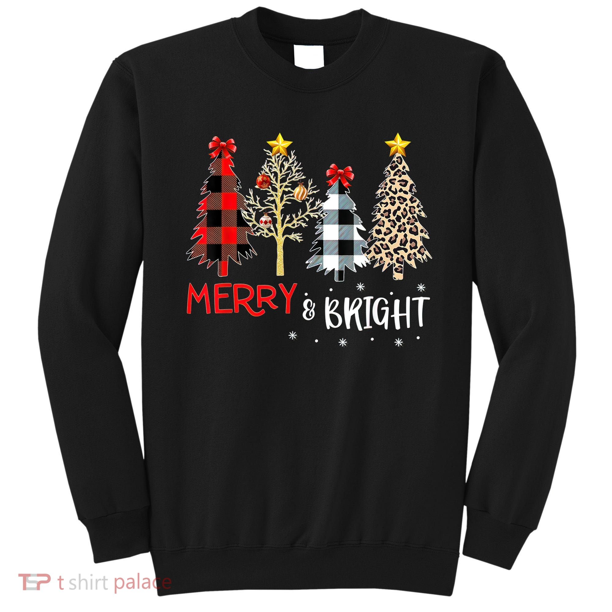 Merry And Bright Women Funny Leopard Plaid Christmas Trees Sweatshirt