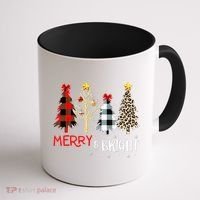Merry And Bright Women Funny Leopard Plaid Christmas Trees Coffee Mug thumb 1