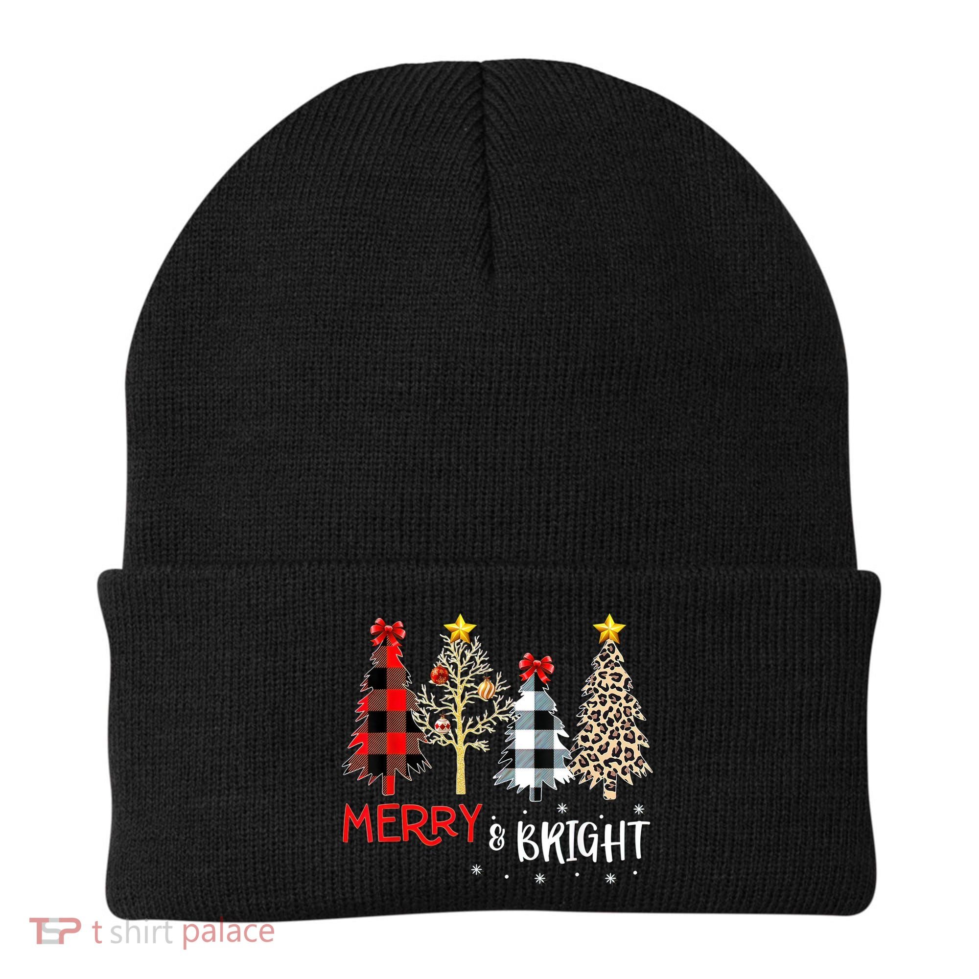 Merry And Bright Women Funny Leopard Plaid Christmas Trees Beanie