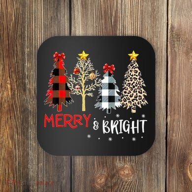 Merry And Bright Women Funny Leopard Plaid Christmas Trees Coaster