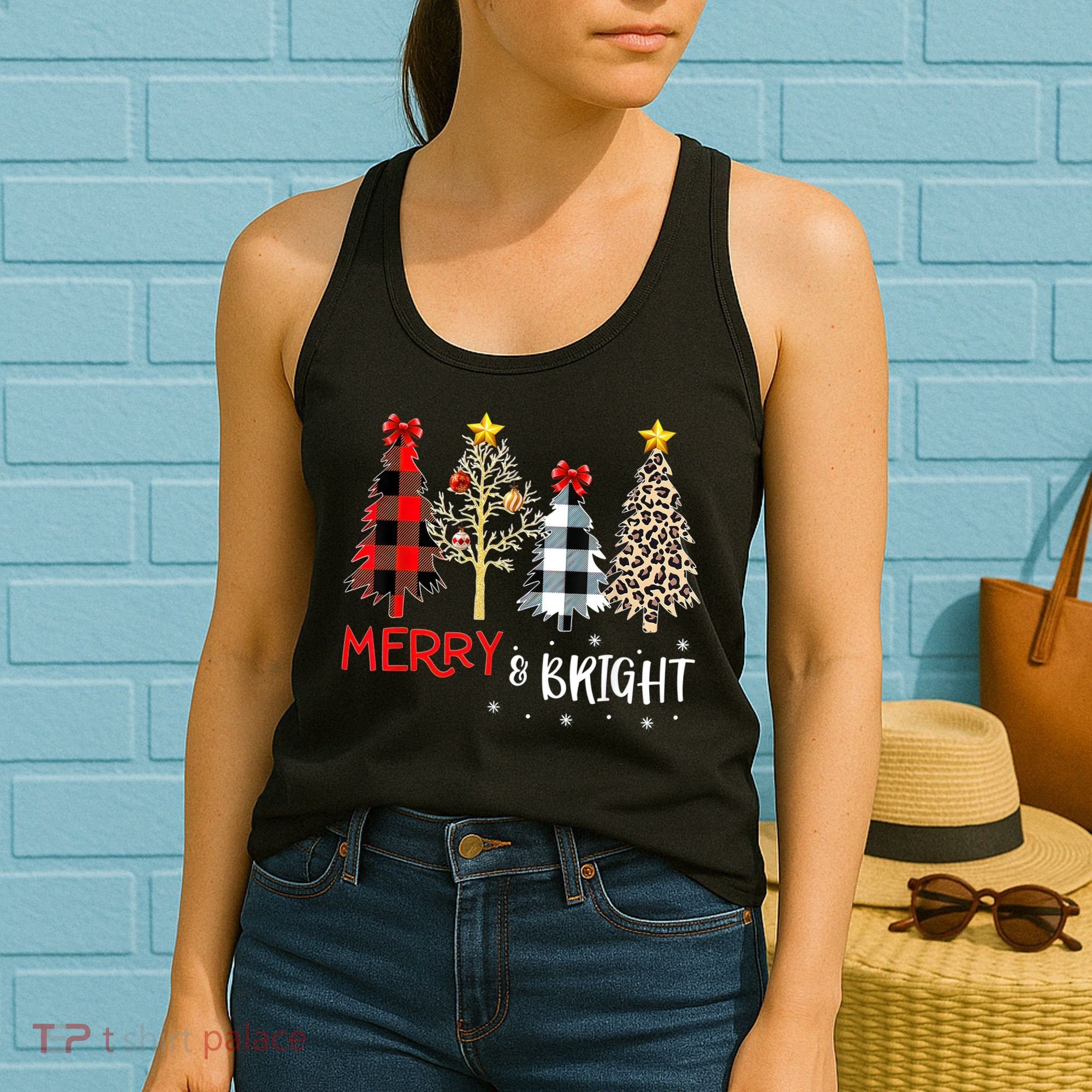 Merry And Bright Women Funny Leopard Plaid Christmas Trees Women's Tank Top