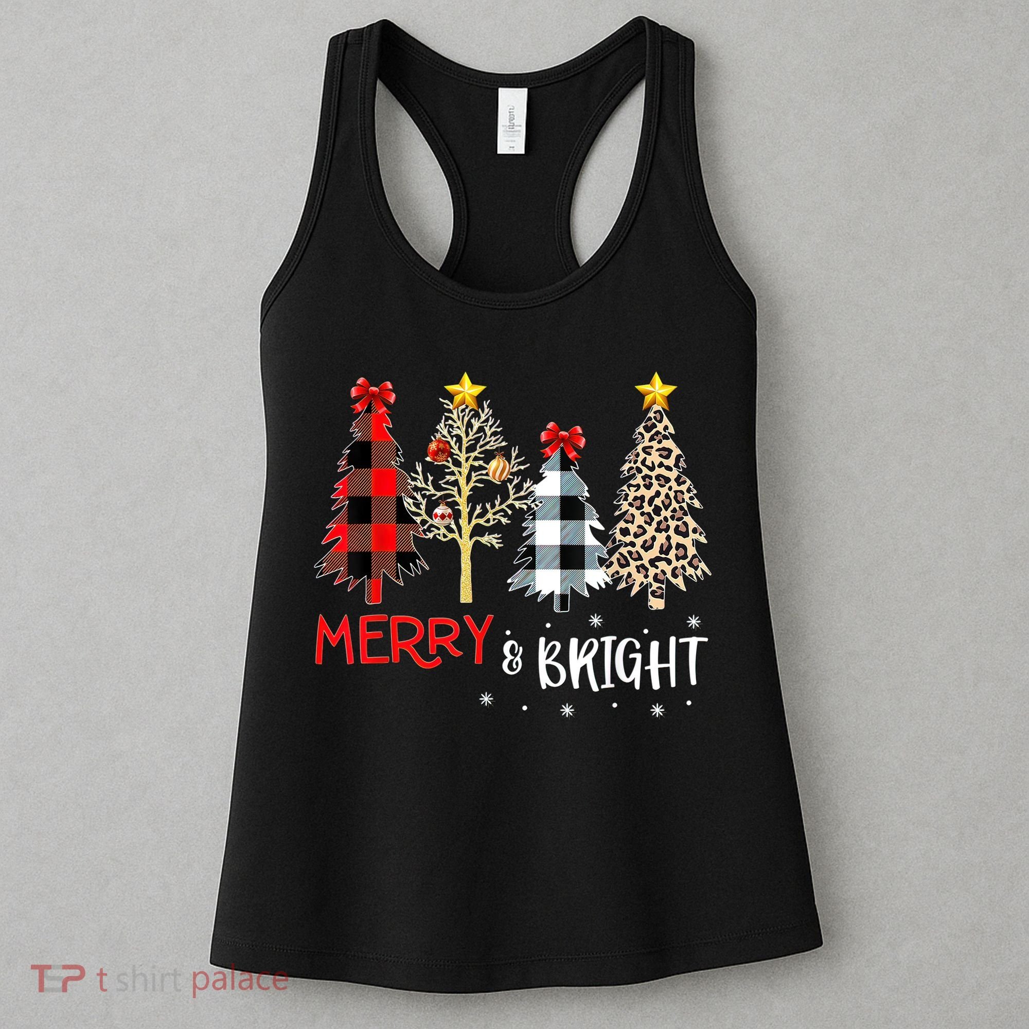 Merry And Bright Women Funny Leopard Plaid Christmas Trees Women's Tank Top