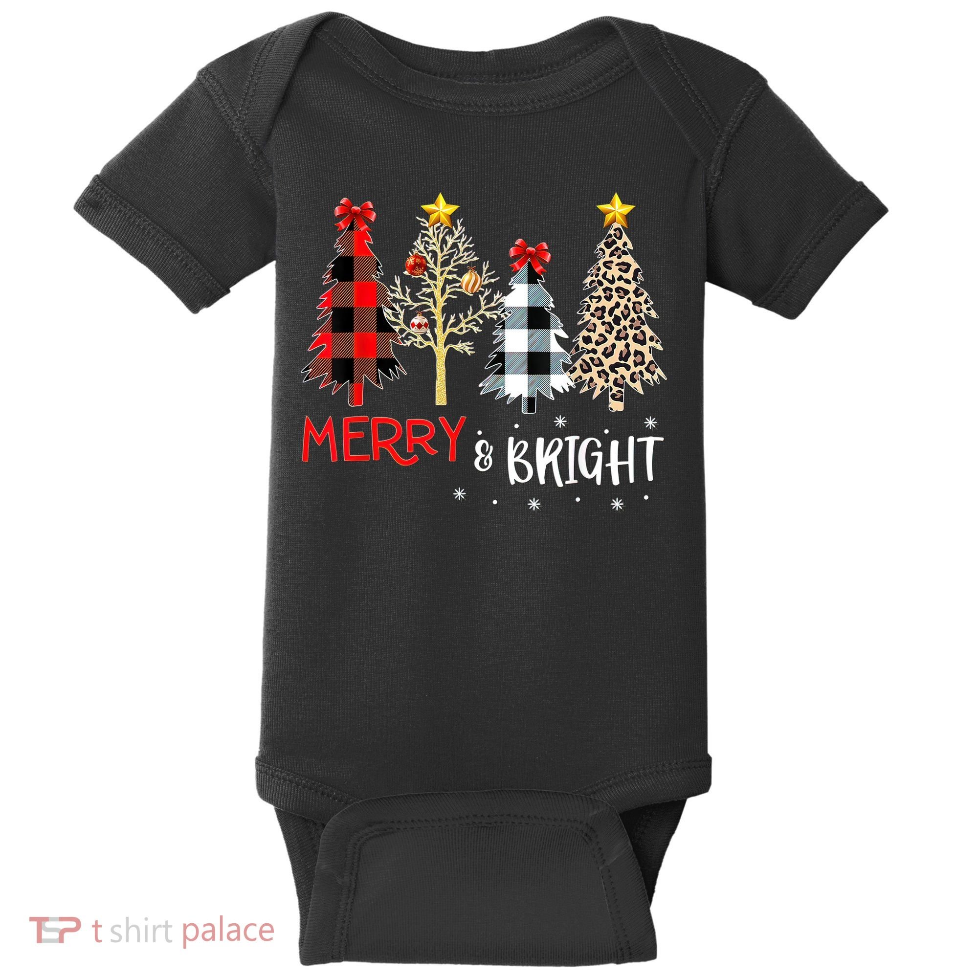Merry And Bright Women Funny Leopard Plaid Christmas Trees Baby Bodysuit