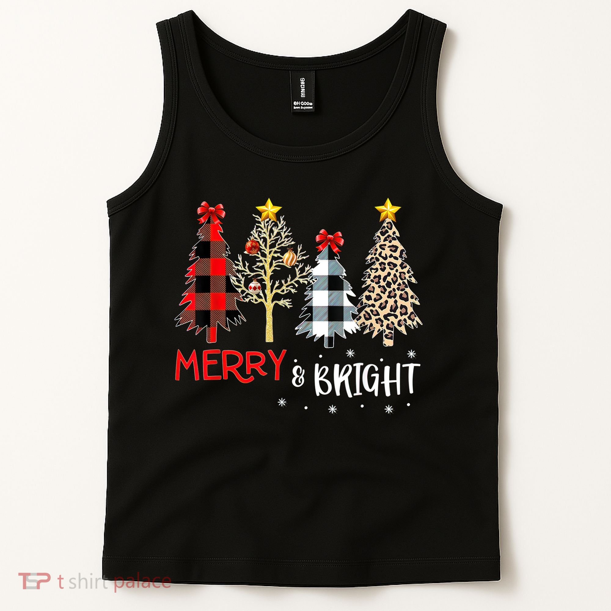 Merry And Bright Women Funny Leopard Plaid Christmas Trees Tank Top