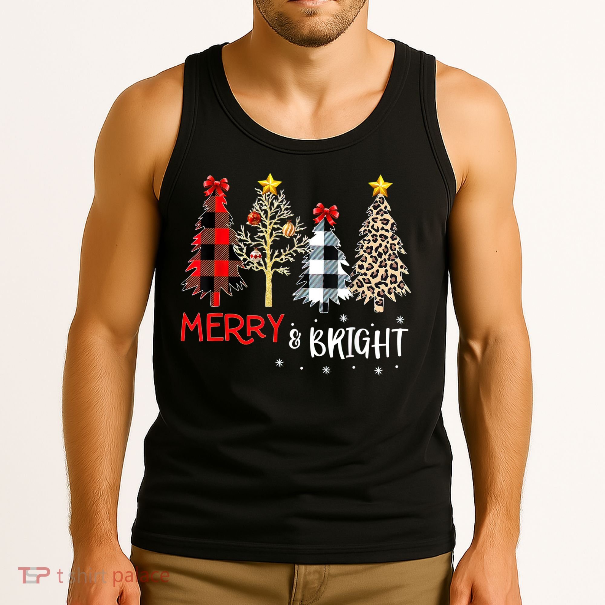 Merry And Bright Women Funny Leopard Plaid Christmas Trees Tank Top
