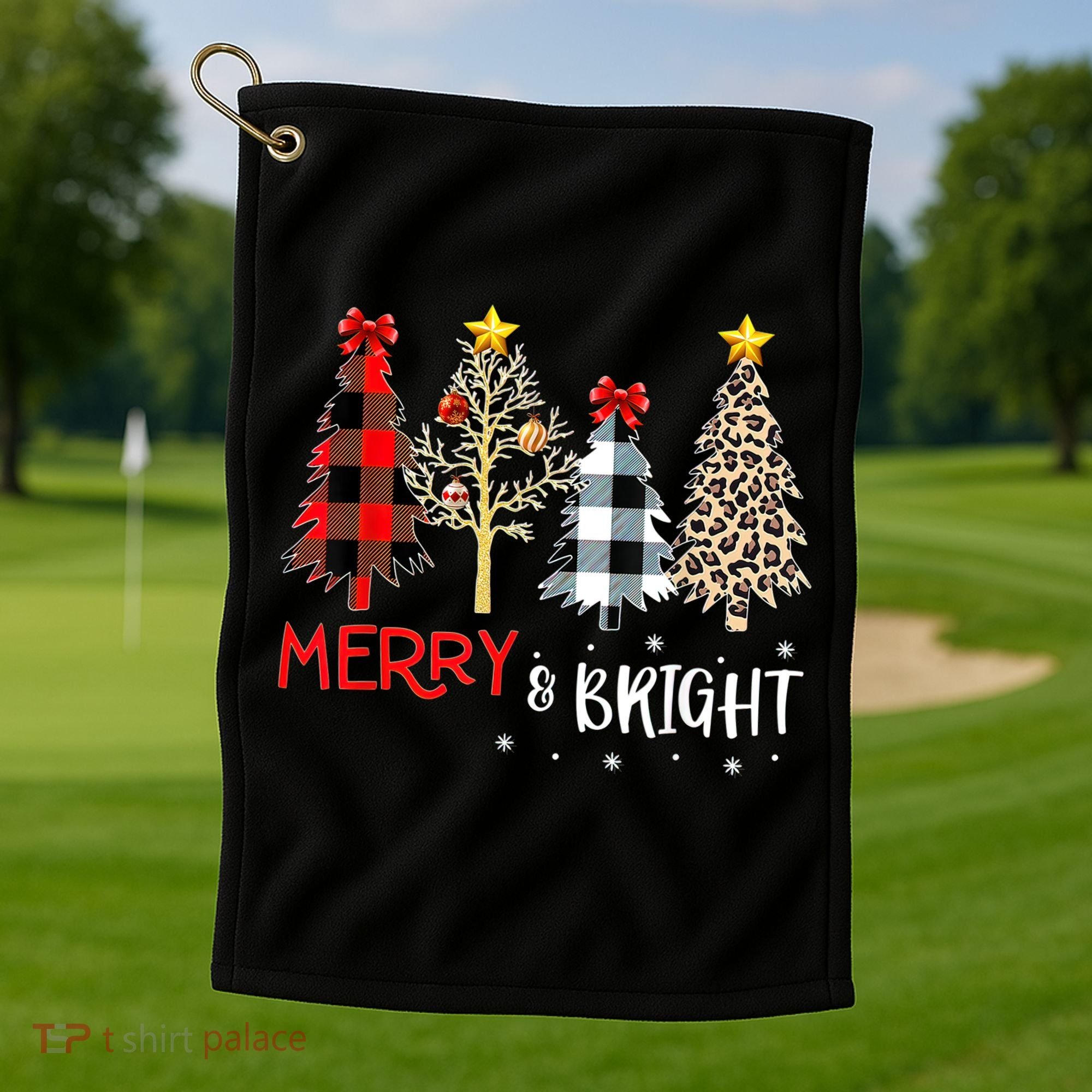 Merry And Bright Women Funny Leopard Plaid Christmas Trees Golf Towel