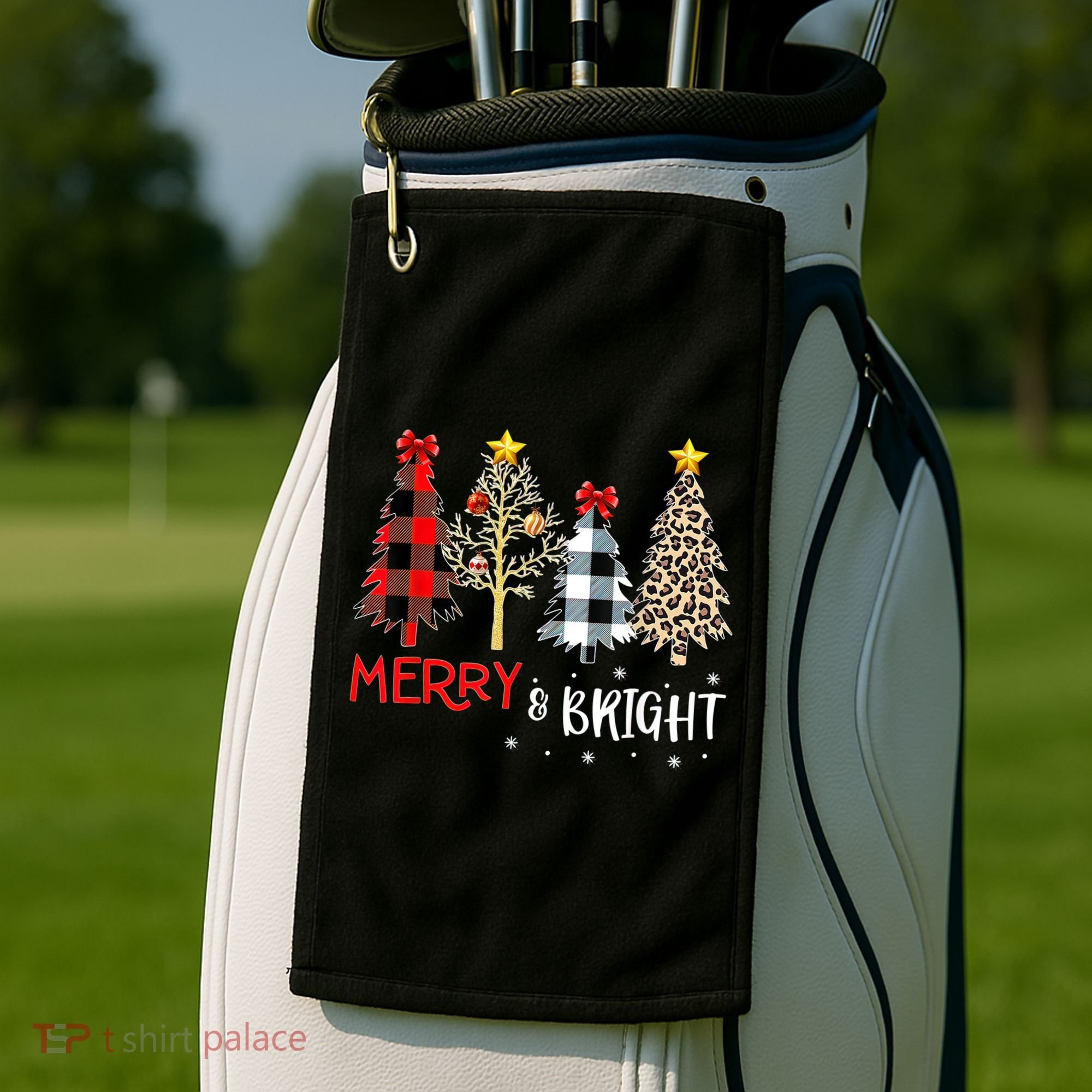Merry And Bright Women Funny Leopard Plaid Christmas Trees Golf Towel
