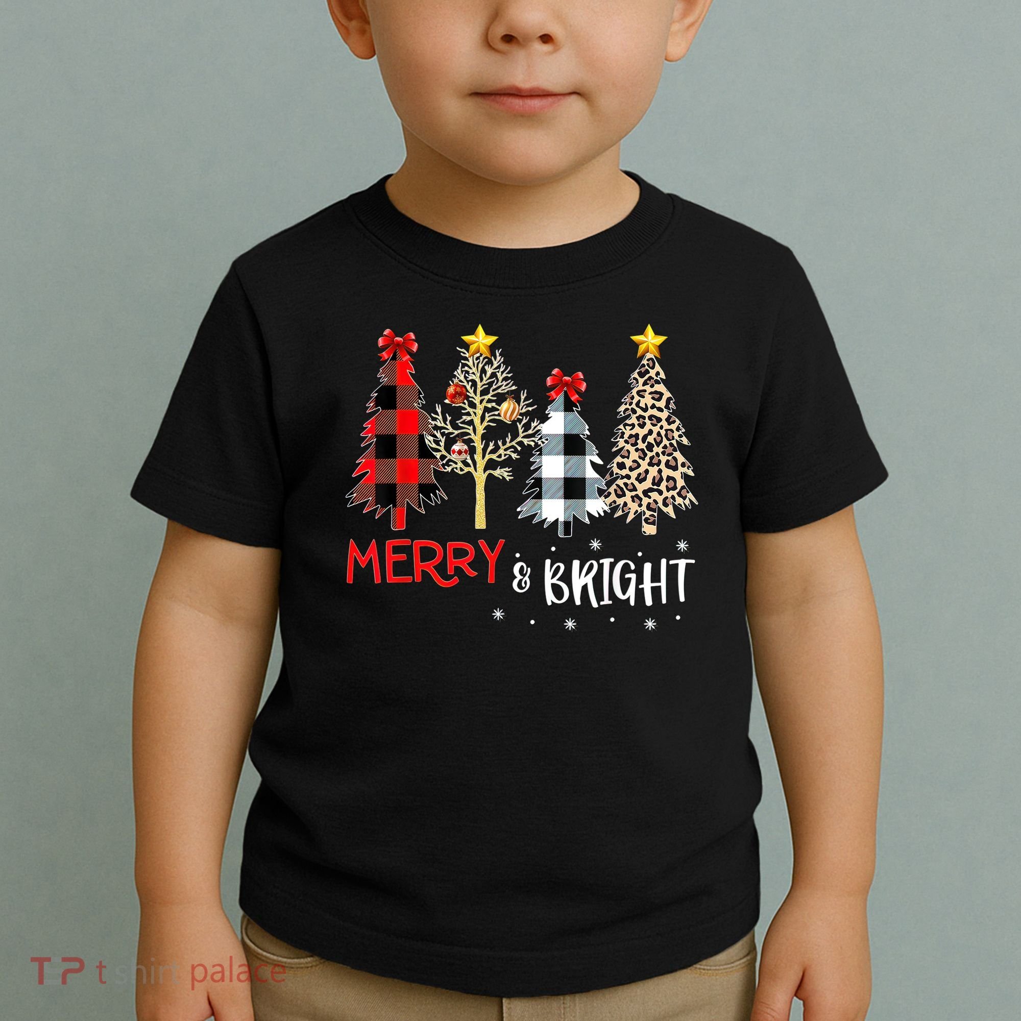 Merry And Bright Women Funny Leopard Plaid Christmas Trees Toddler T-Shirt
