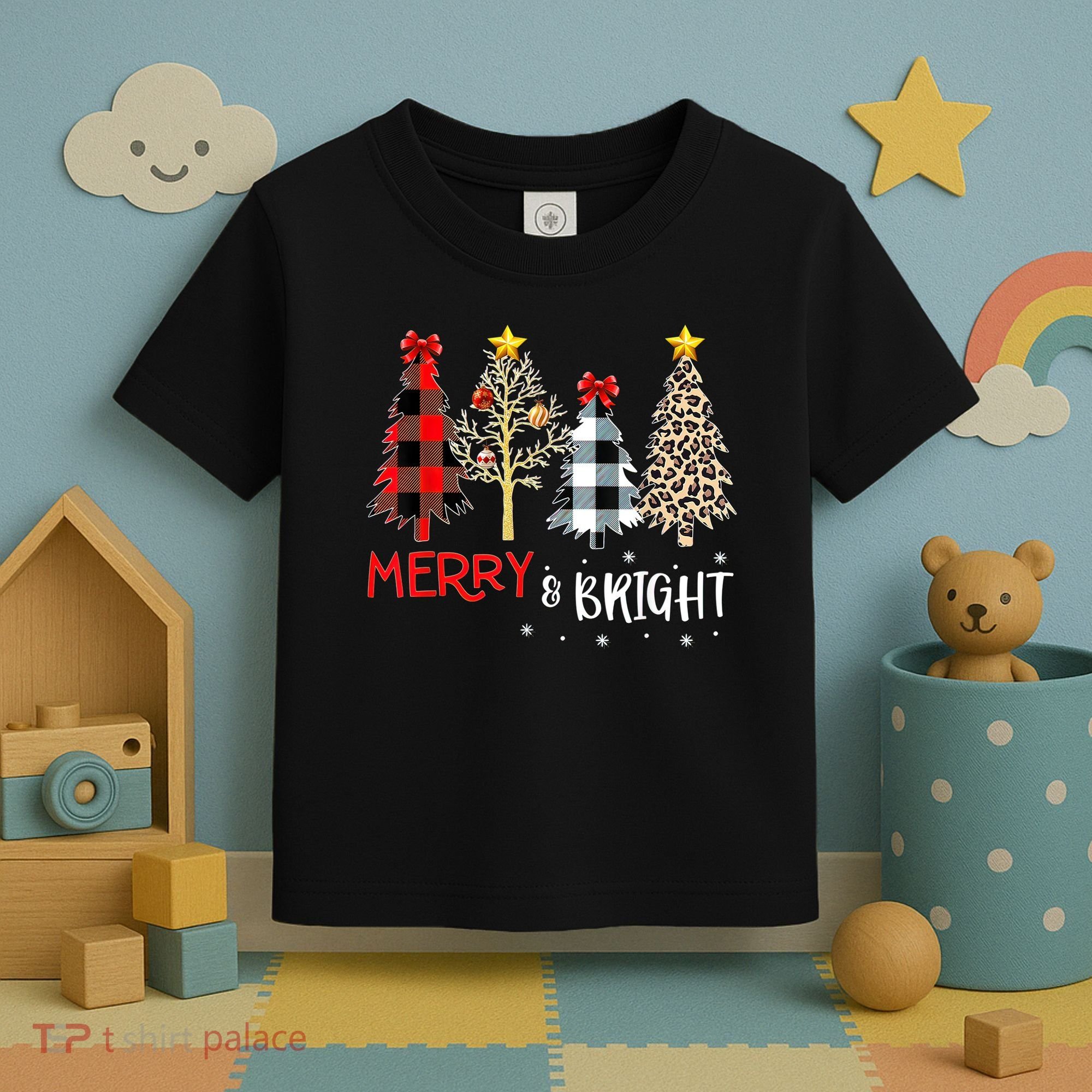 Merry And Bright Women Funny Leopard Plaid Christmas Trees Toddler T-Shirt