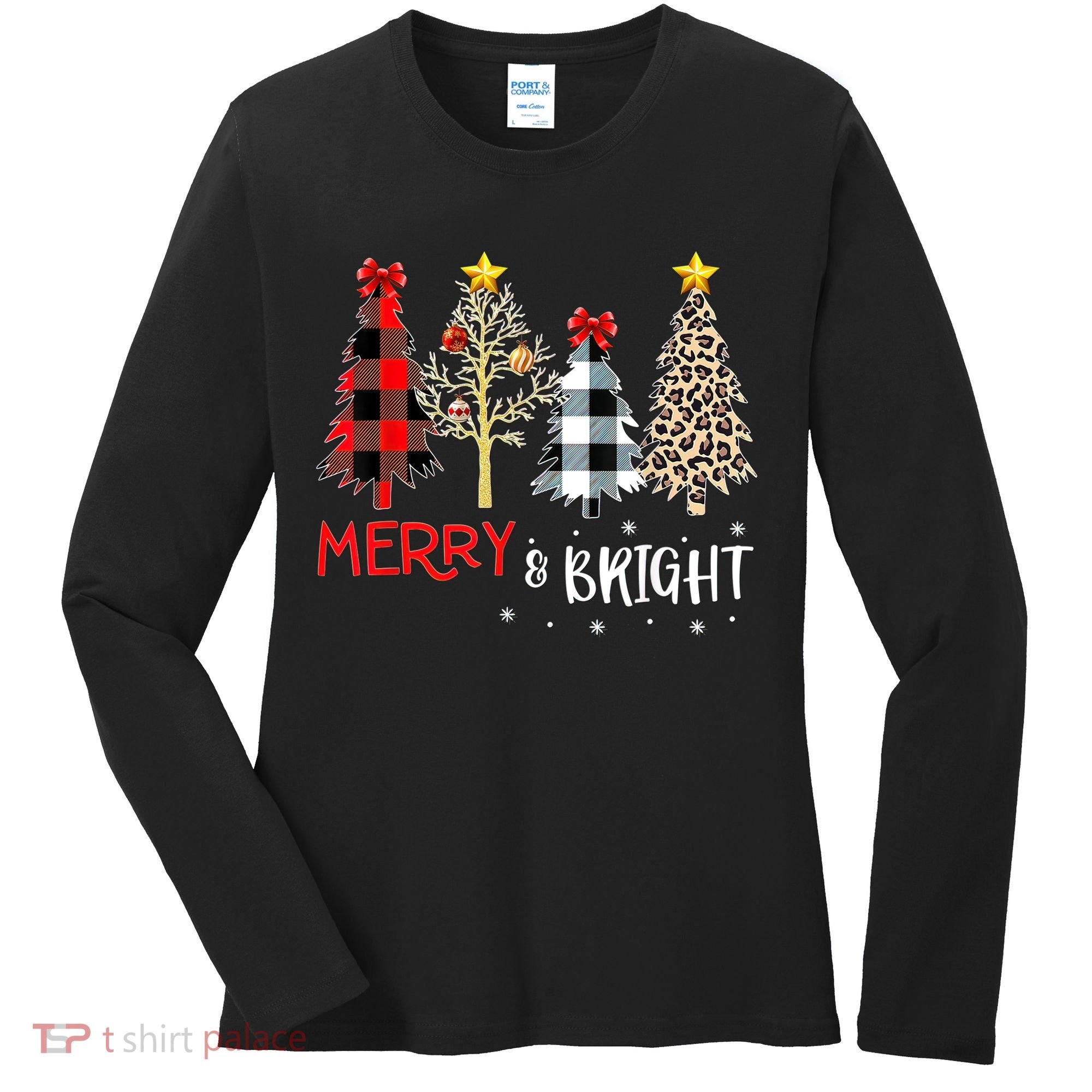 Merry And Bright Women Funny Leopard Plaid Christmas Trees Women's Long Sleeve Shirt