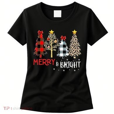 Merry And Bright Women Funny Leopard Plaid Christmas Trees Women's T-Shirt