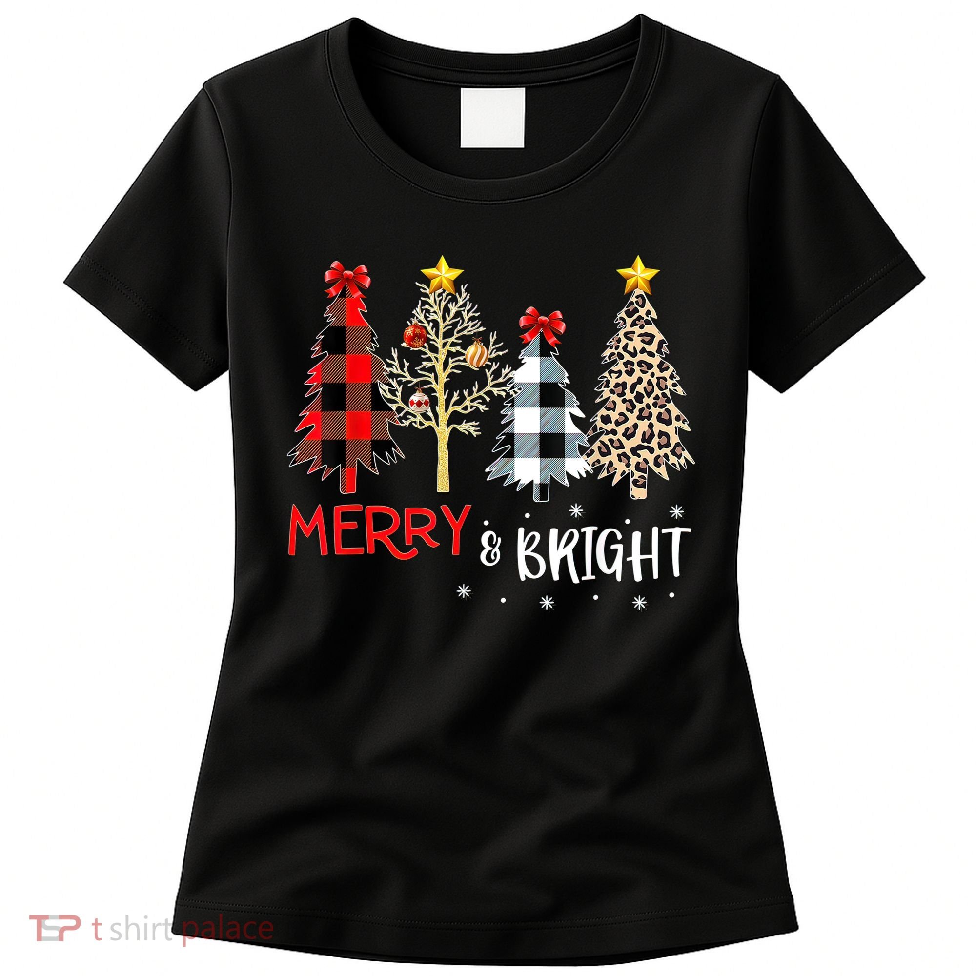 Merry And Bright Women Funny Leopard Plaid Christmas Trees Women's T-Shirt