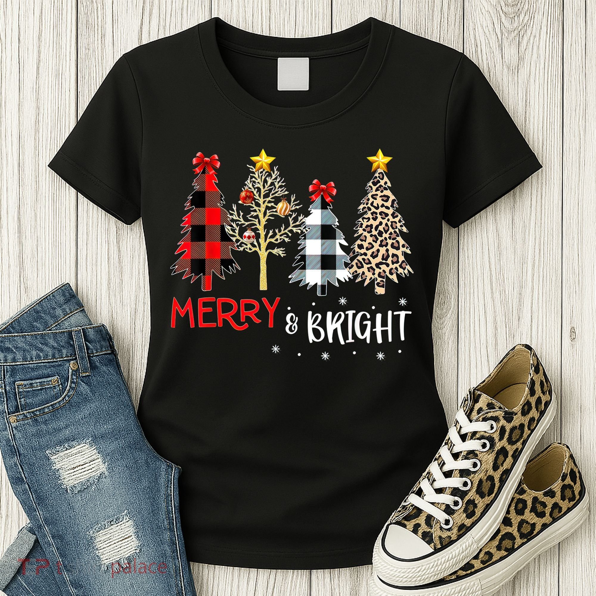 Merry And Bright Women Funny Leopard Plaid Christmas Trees Women's T-Shirt