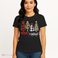 Merry And Bright Women Funny Leopard Plaid Christmas Trees Women's T-Shirt thumb 4
