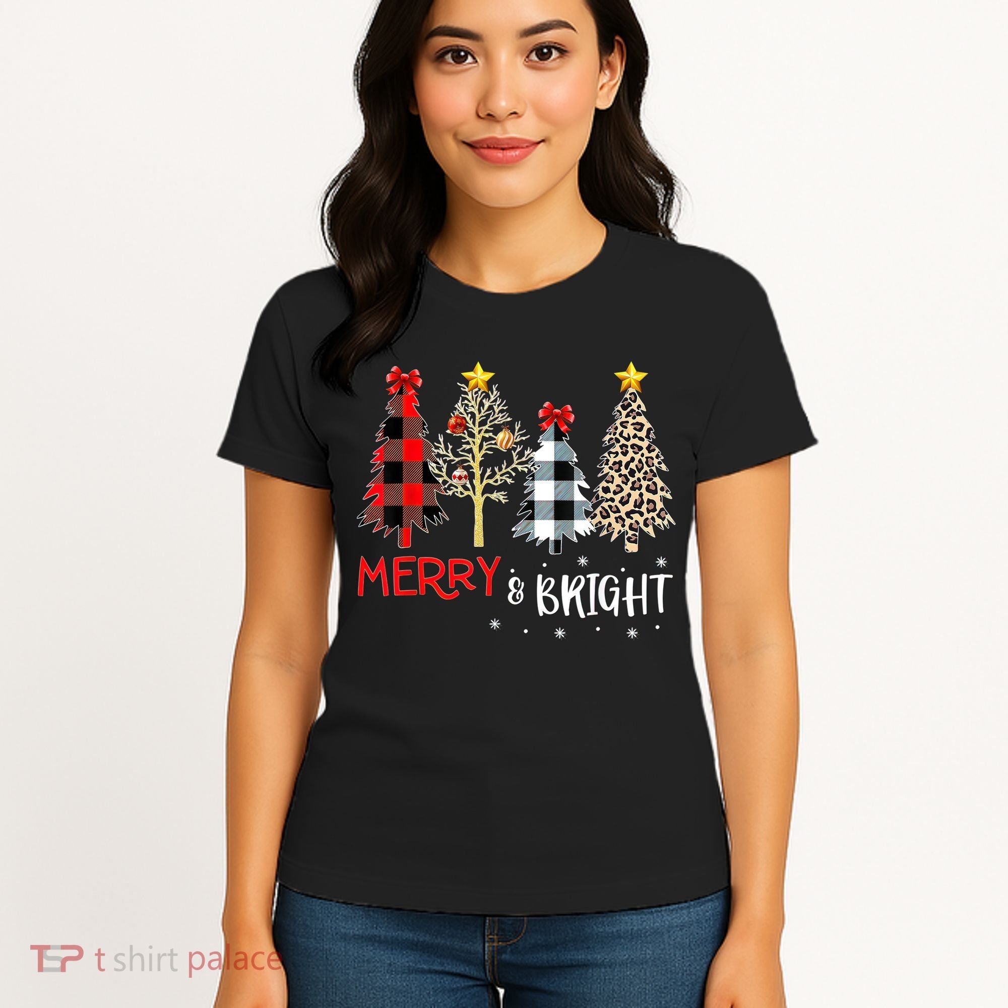 Merry And Bright Women Funny Leopard Plaid Christmas Trees Women's T-Shirt