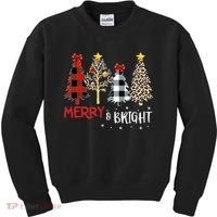 Merry And Bright Women Funny Leopard Plaid Christmas Trees Kids Sweatshirt thumb 0