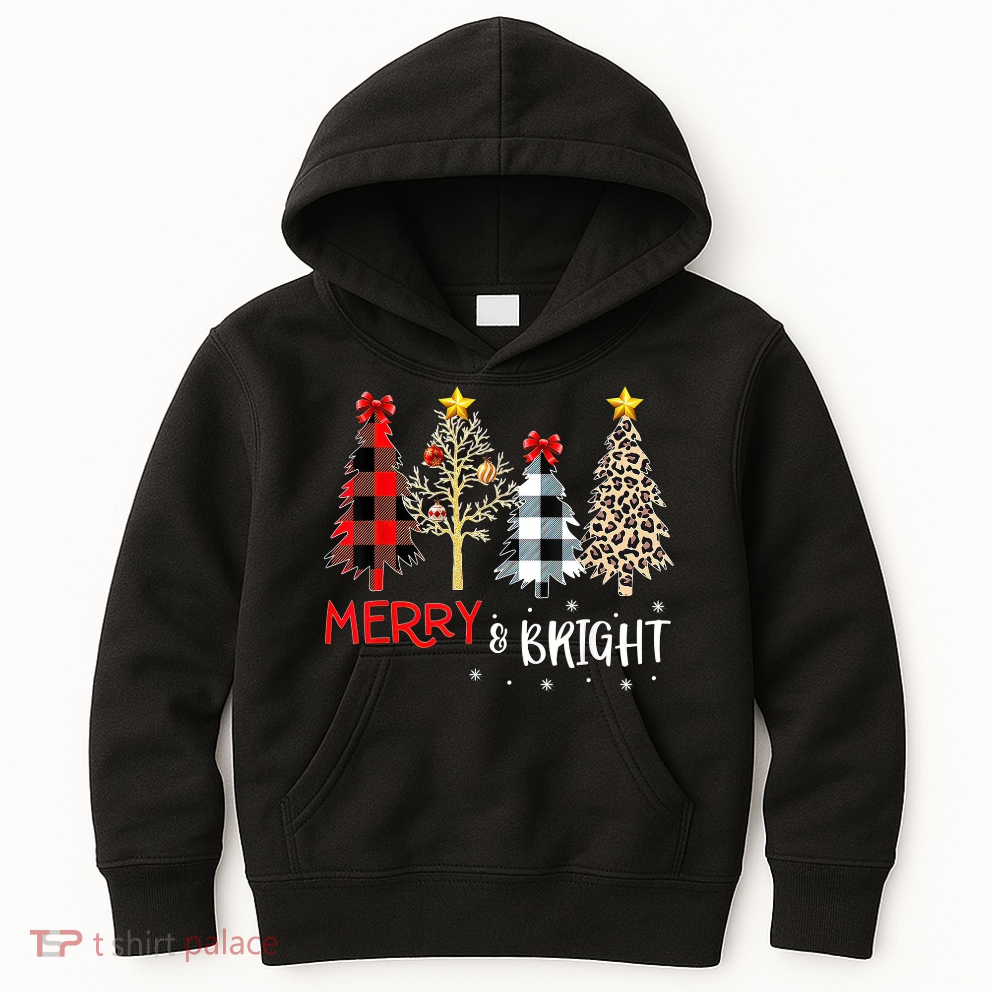 Merry And Bright Women Funny Leopard Plaid Christmas Trees Kids Hoodie
