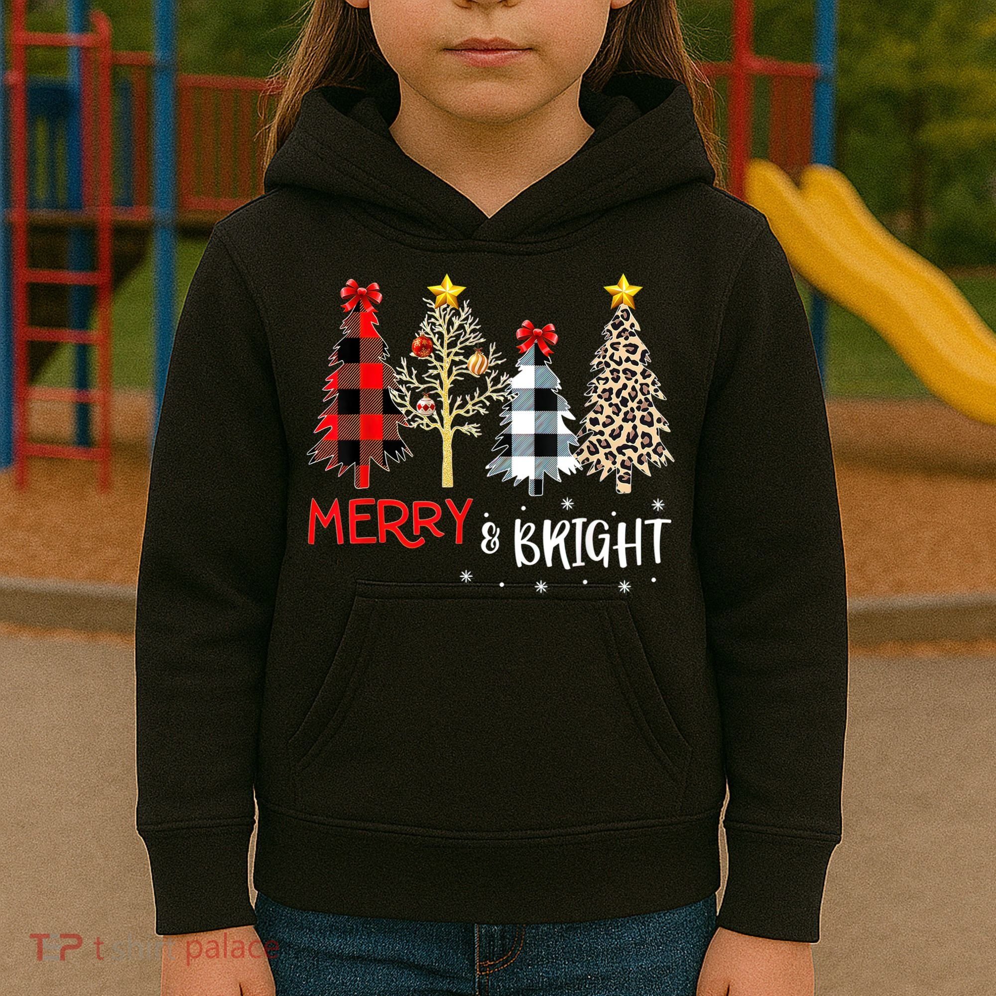 Merry And Bright Women Funny Leopard Plaid Christmas Trees Kids Hoodie