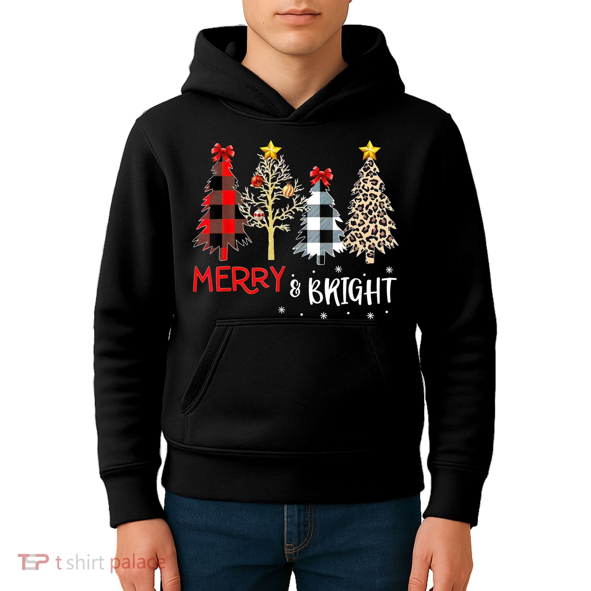Merry And Bright Women Funny Leopard Plaid Christmas Trees Kids Hoodie
