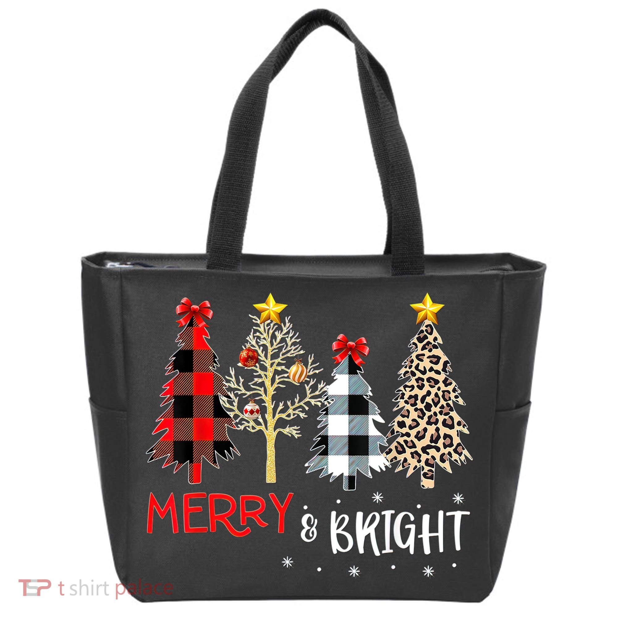 Merry And Bright Women Funny Leopard Plaid Christmas Trees Tote Bag