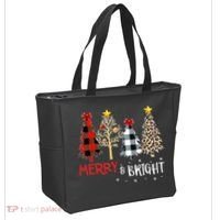 Merry And Bright Women Funny Leopard Plaid Christmas Trees Tote Bag thumb 2