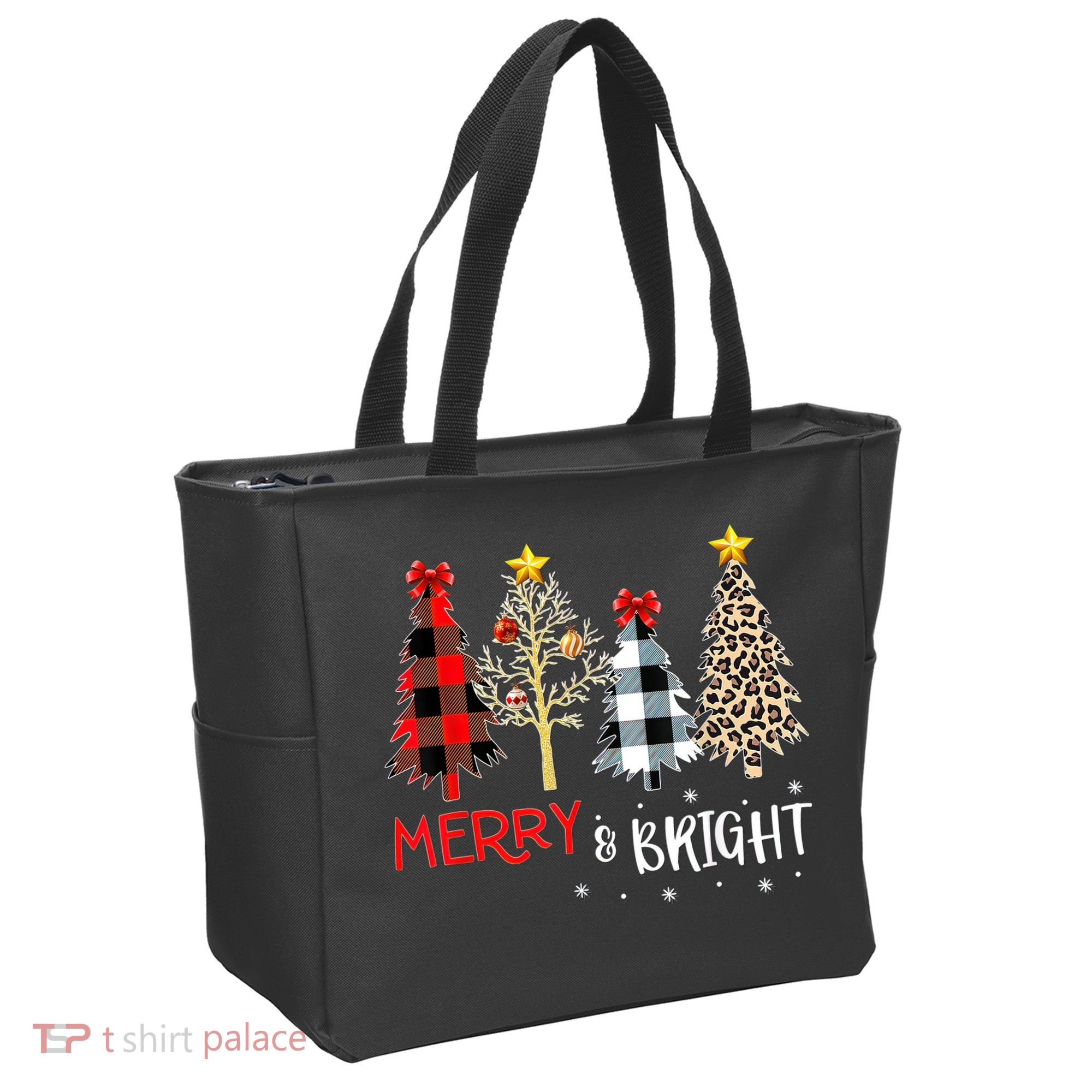 Merry And Bright Women Funny Leopard Plaid Christmas Trees Tote Bag