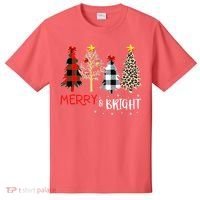 Merry And Bright Women Funny Leopard Plaid Christmas Trees T-Shirt thumb 0