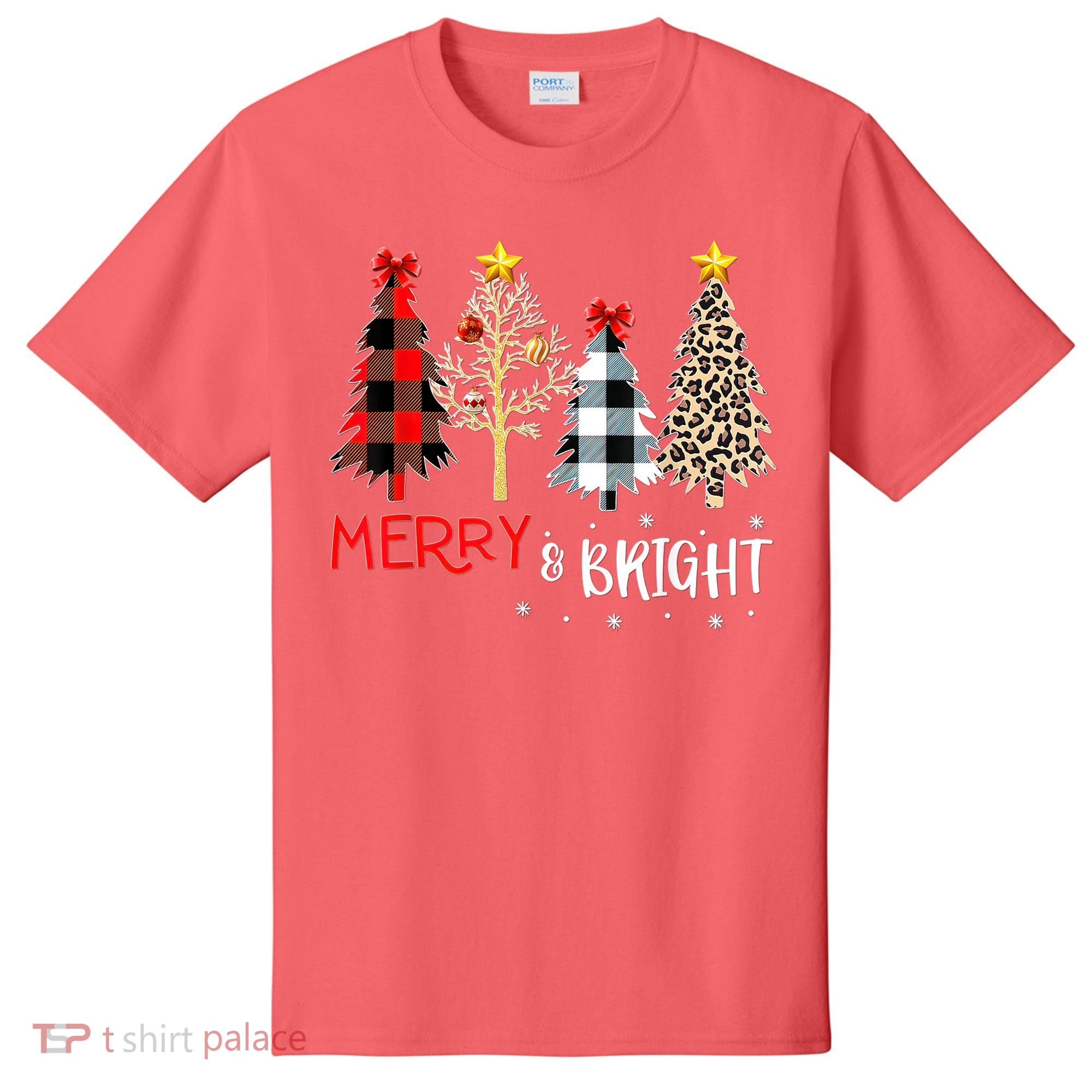 Merry And Bright Women Funny Leopard Plaid Christmas Trees T-Shirt