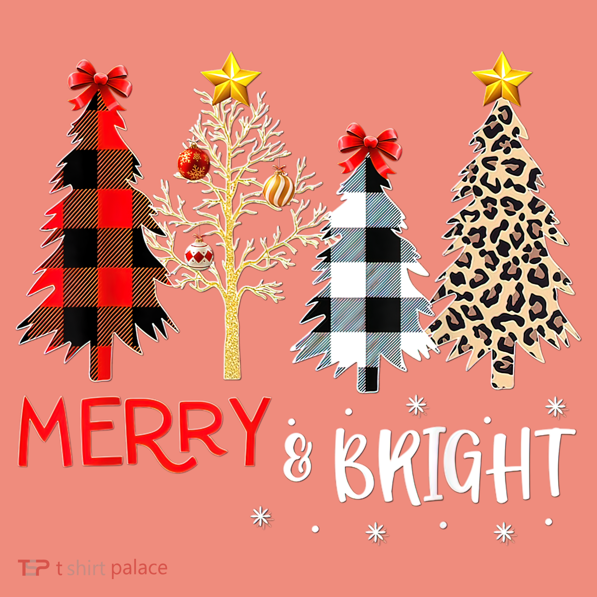 Merry And Bright Women Funny Leopard Plaid Christmas Trees T-Shirt