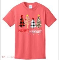 Merry And Bright Women Funny Leopard Plaid Christmas Trees Kids T-Shirt thumb 0