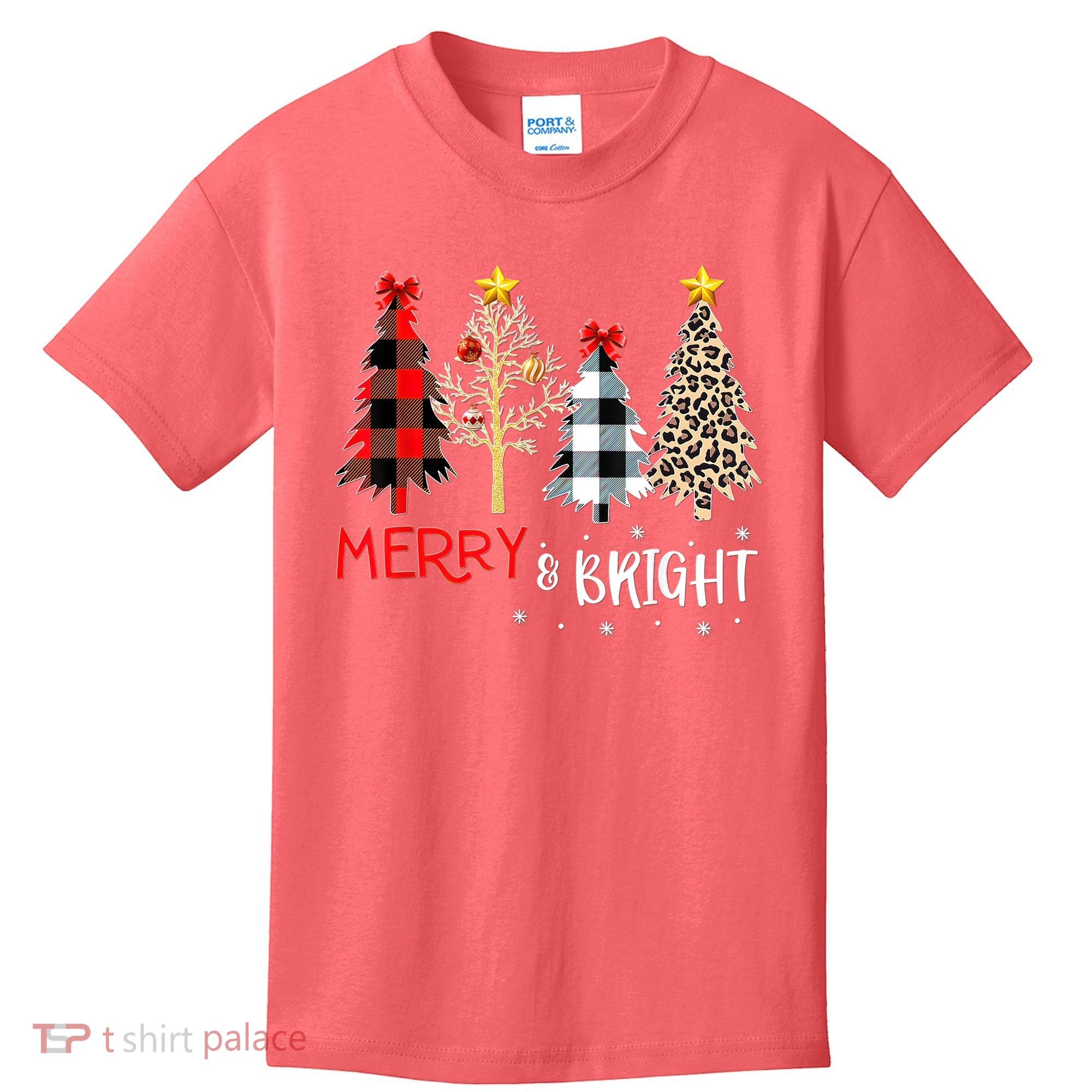 Merry And Bright Women Funny Leopard Plaid Christmas Trees Kids T-Shirt