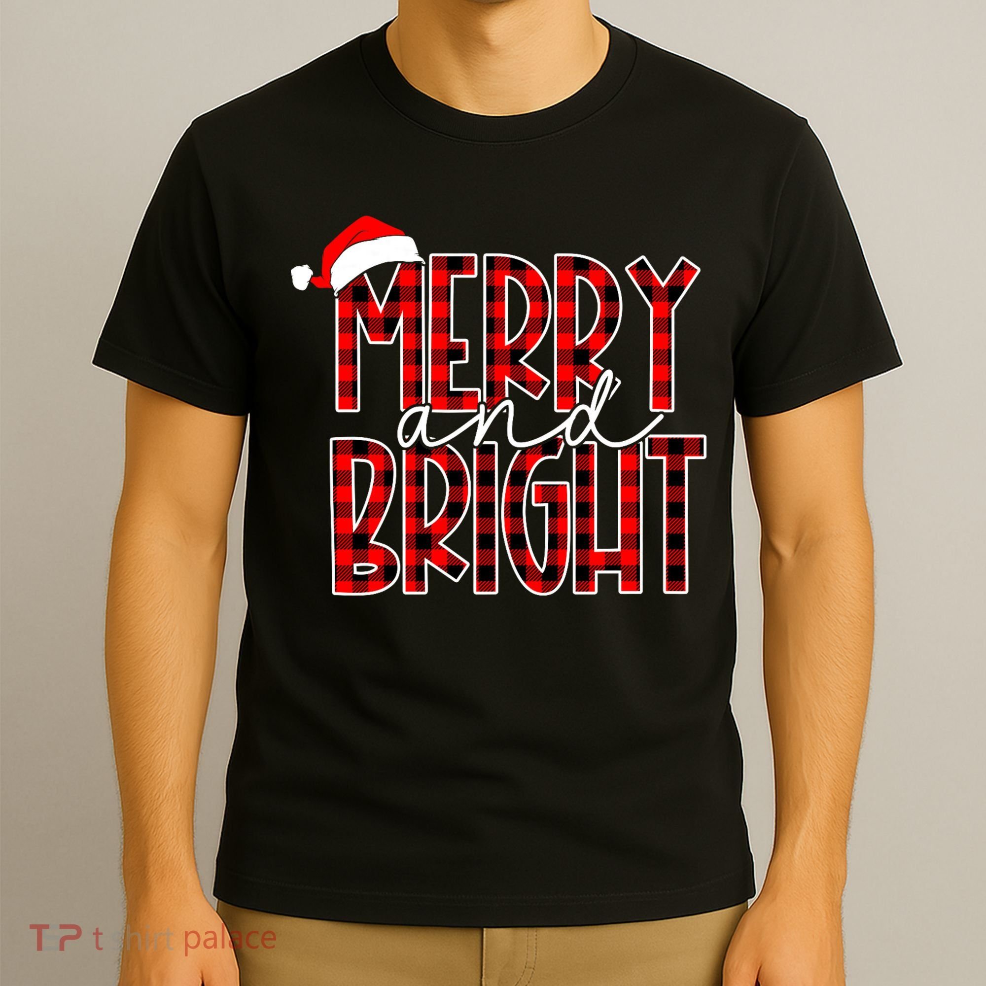 Merry And Bright Buffalo Plaid Red Santa Hat Christmas Xmas T-Shirt