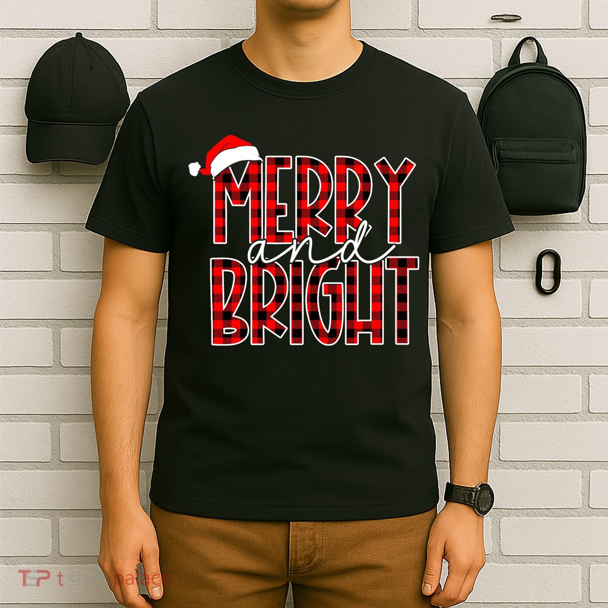 Merry And Bright Buffalo Plaid Red Santa Hat Christmas Xmas T-Shirt