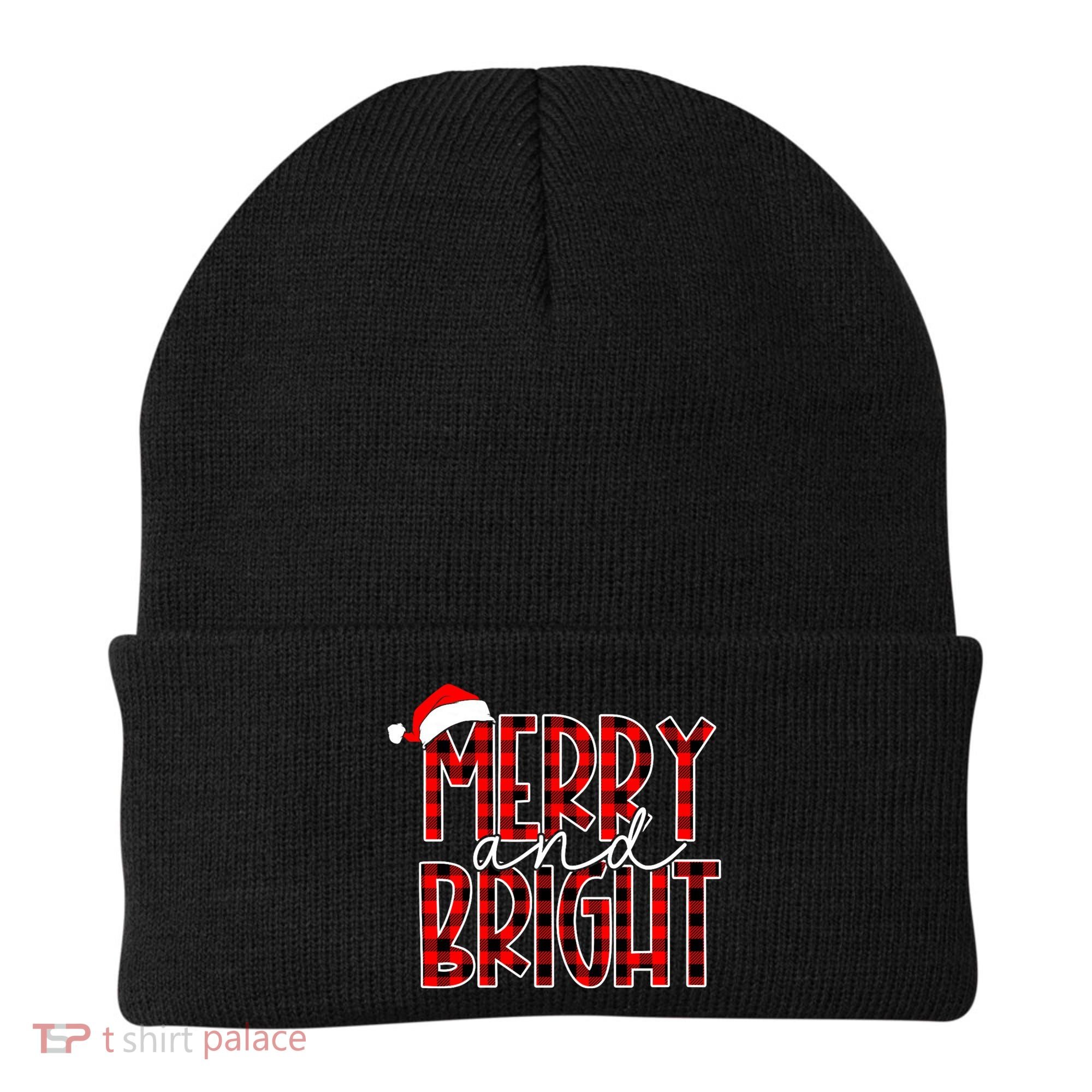 Merry And Bright Buffalo Plaid Red Santa Hat Christmas Xmas Beanie