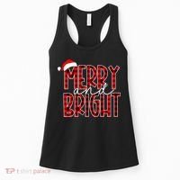Merry And Bright Buffalo Plaid Red Santa Hat Christmas Xmas Women's Tank Top thumb 0