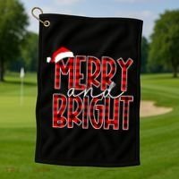 Merry And Bright Buffalo Plaid Red Santa Hat Christmas Xmas Golf Towel thumb 1
