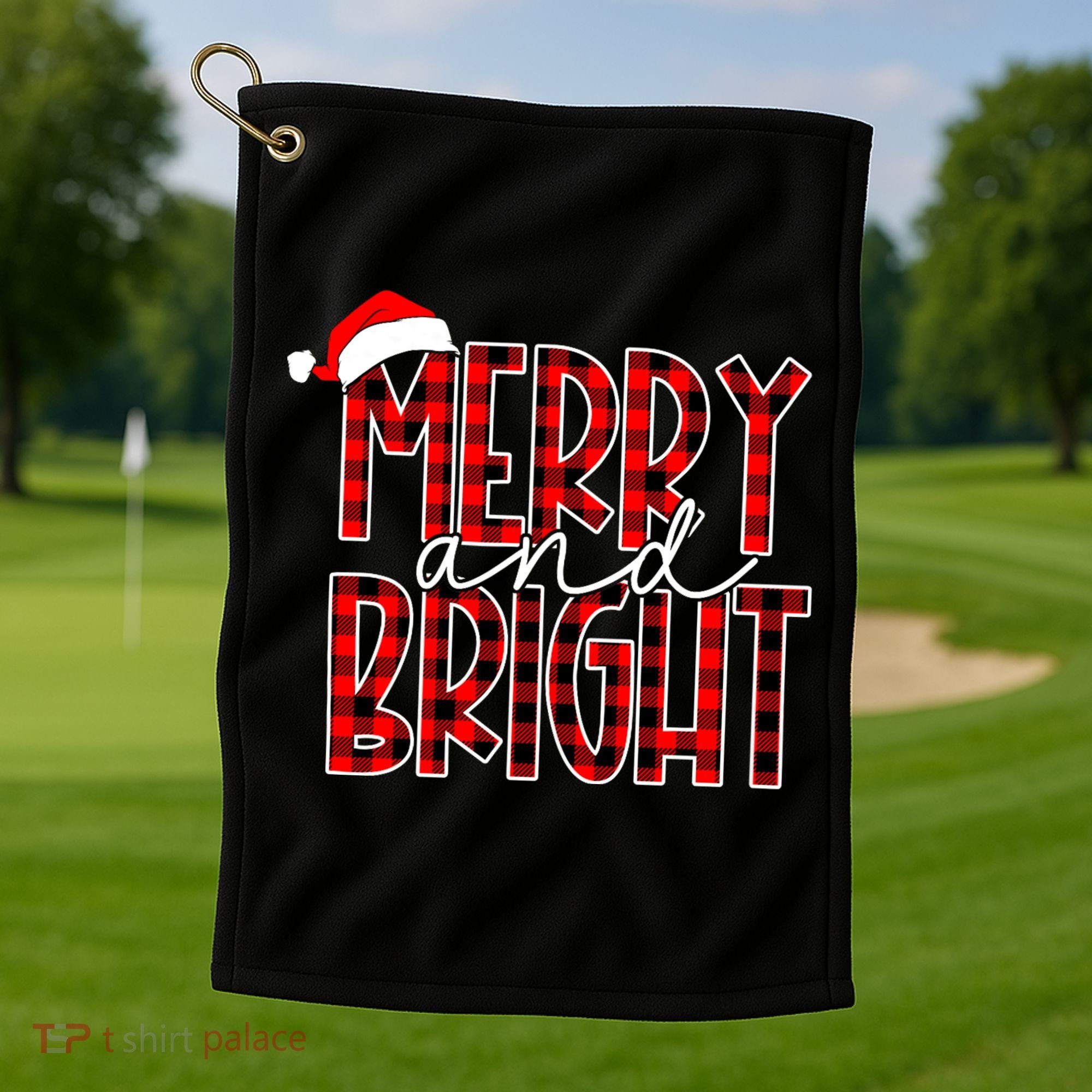Merry And Bright Buffalo Plaid Red Santa Hat Christmas Xmas Golf Towel