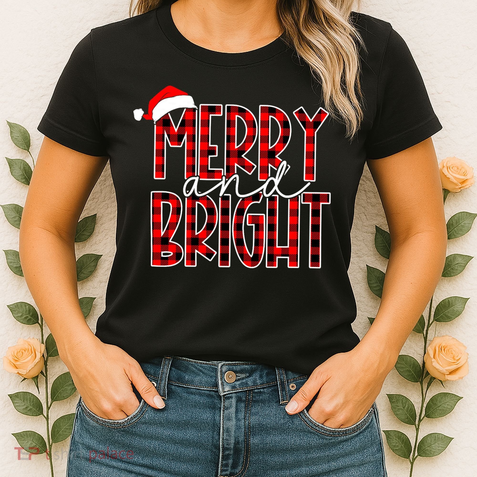 Merry And Bright Buffalo Plaid Red Santa Hat Christmas Xmas Women's T-Shirt