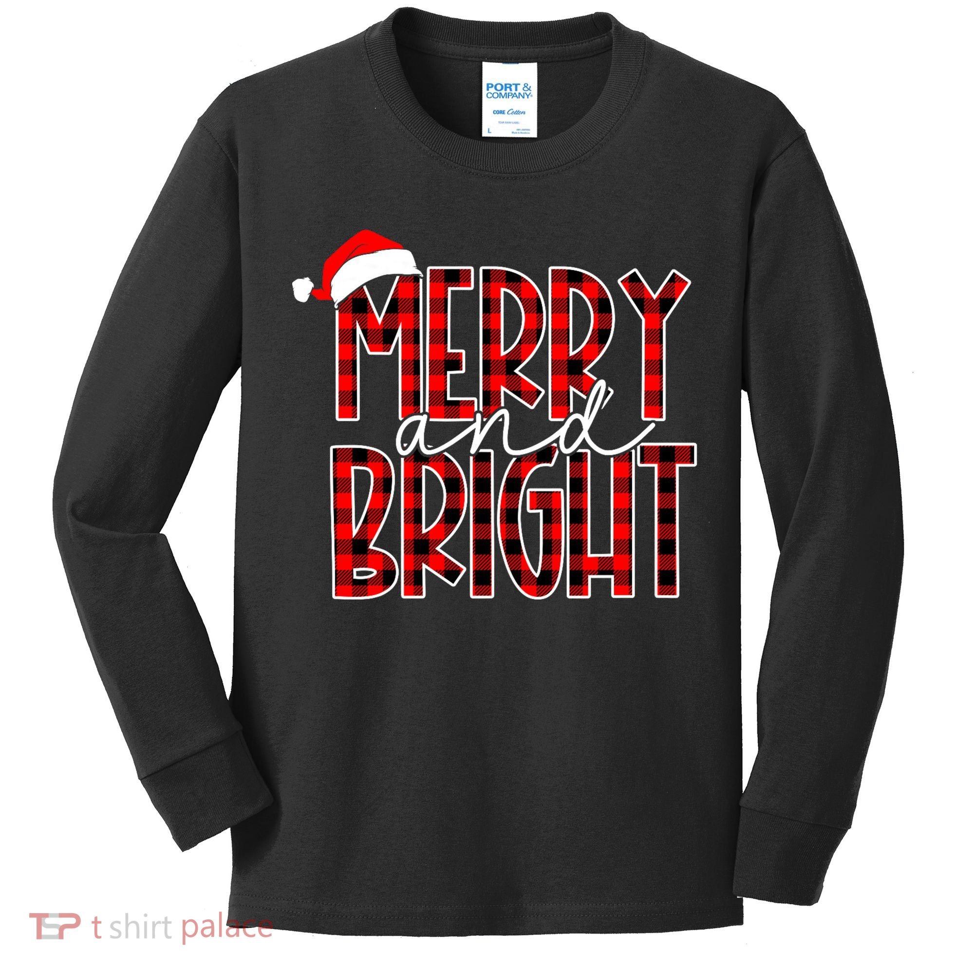 Merry And Bright Buffalo Plaid Red Santa Hat Christmas Xmas Kids Long Sleeve Shirt