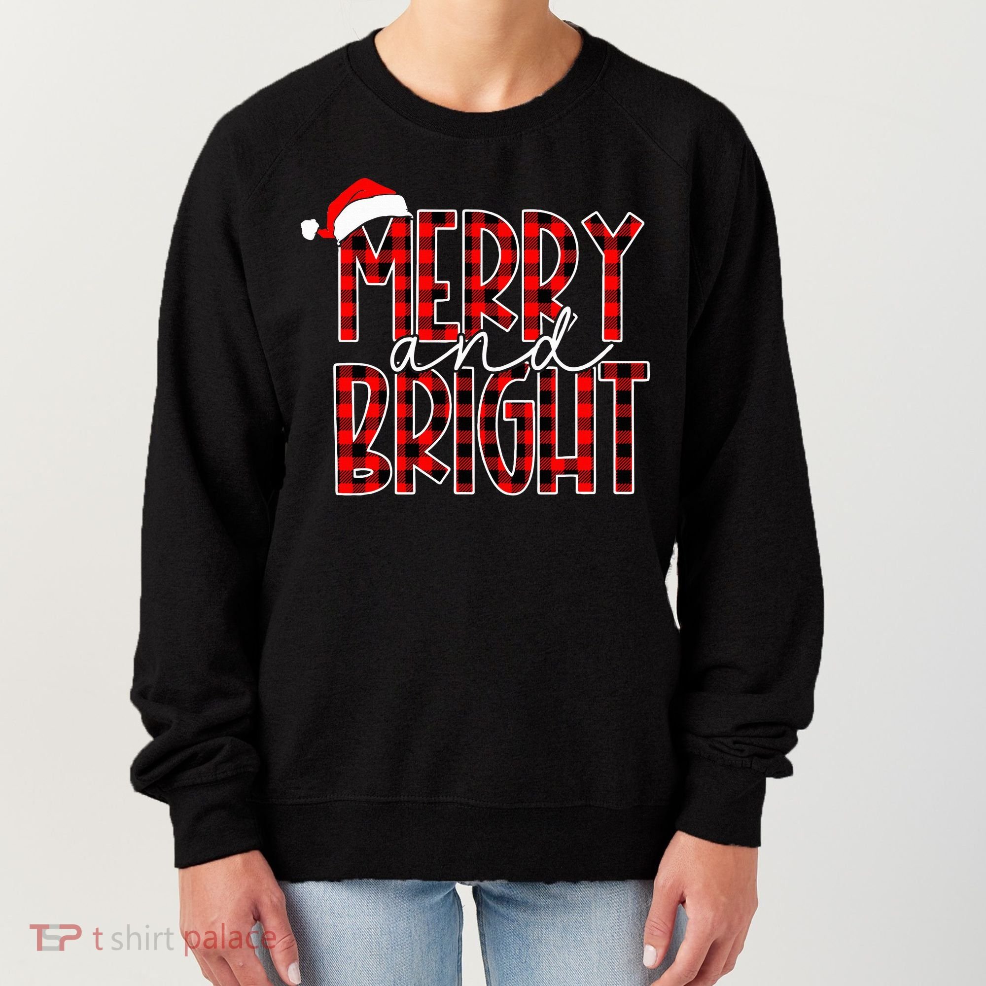 Merry and Bright Buffalo Plaid Red Santa Hat Christmas Xmas  Women's Sweatshirt