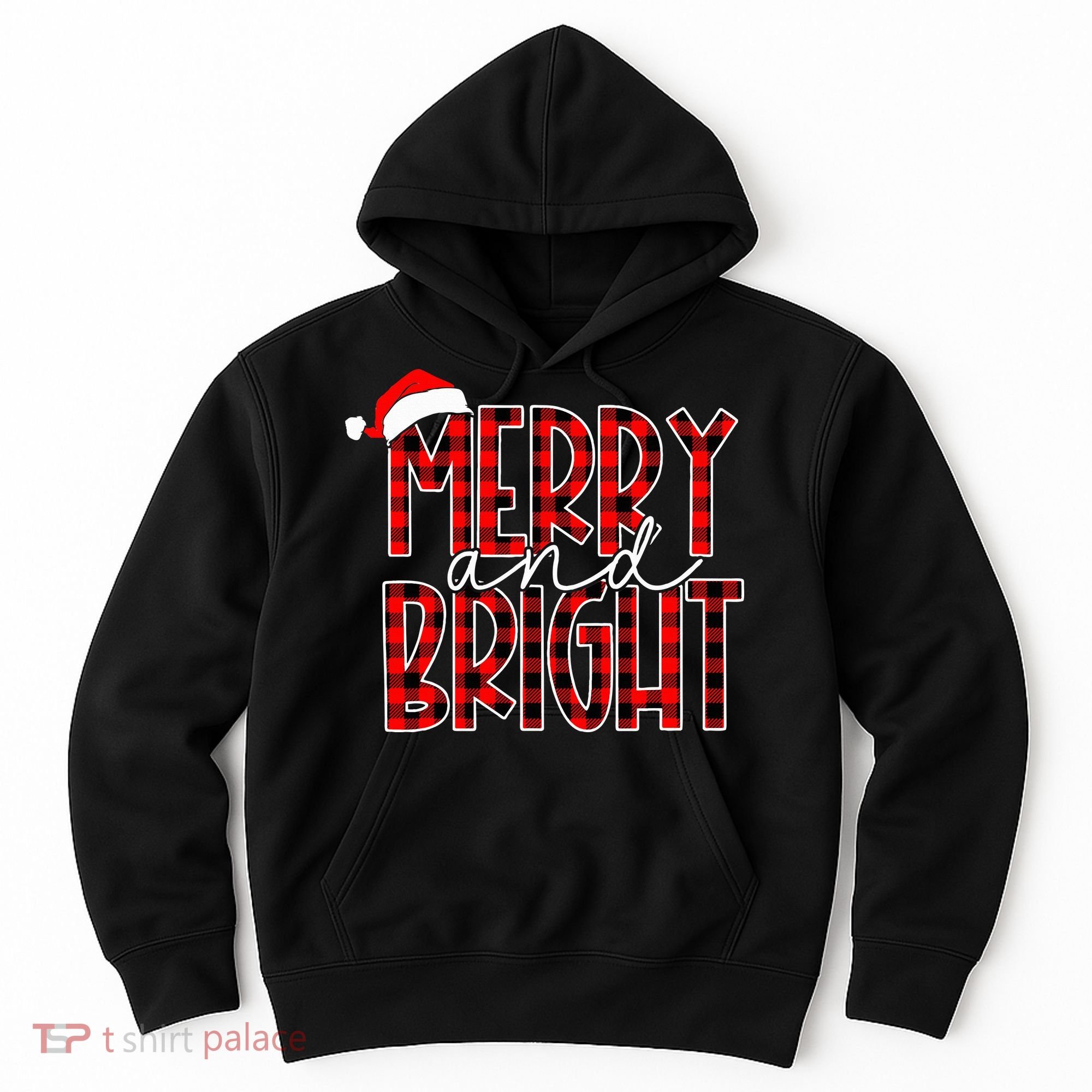 Merry and Bright Buffalo Plaid Red Santa Hat Christmas Xmas  Hoodie