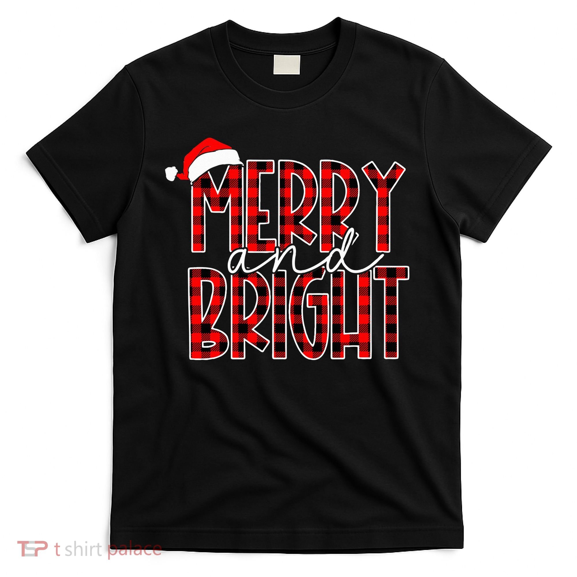 Merry and Bright Buffalo Plaid Red Santa Hat Christmas Xmas  T-Shirt