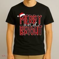 Merry and Bright Buffalo Plaid Red Santa Hat Christmas Xmas  T-Shirt thumb 3