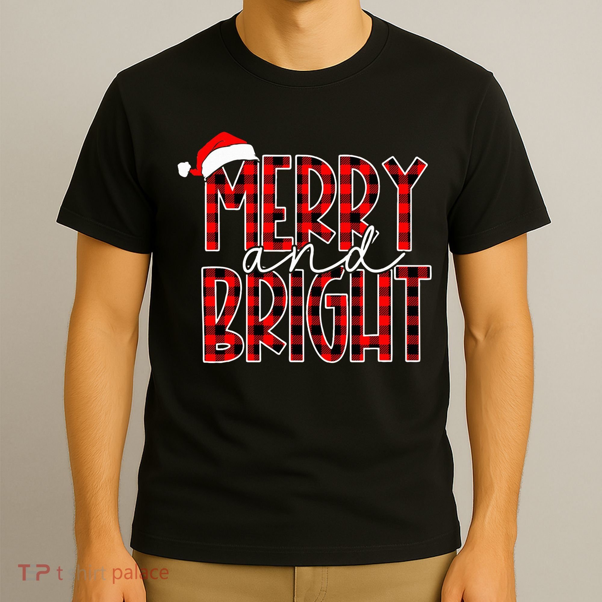 Merry and Bright Buffalo Plaid Red Santa Hat Christmas Xmas  T-Shirt