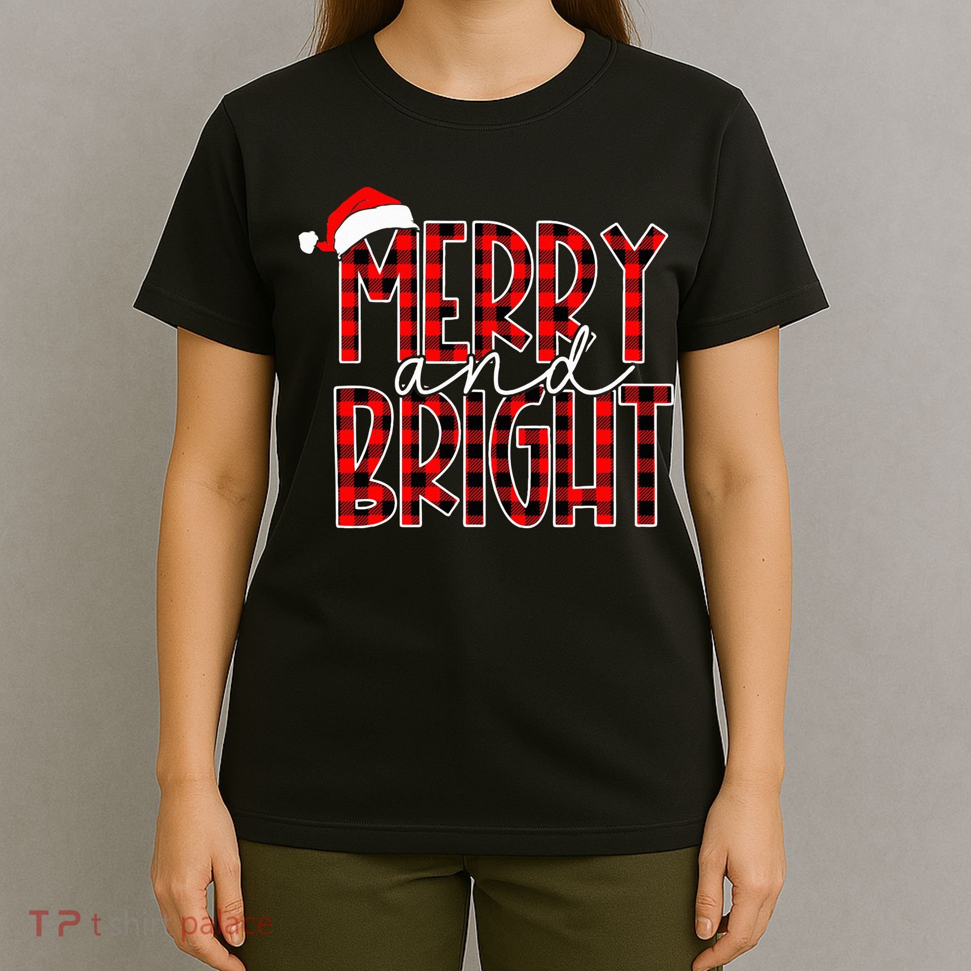 Merry and Bright Buffalo Plaid Red Santa Hat Christmas Xmas  T-Shirt